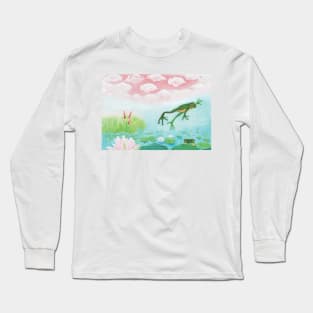 Frog Jumping Into Pond Illustration Long Sleeve T-Shirt